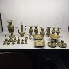 brass lot vintage 27 pcs over 10 lbs. bells, ashtrays, candle stick holders  picture