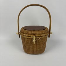 Vintage Nantucket Lightship Basket Handbag Oval Woven Cane Hardwood Lid Purse picture
