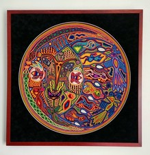 Huichol Indians Vintage Yarn Painting Eclipse Justo Benitez  picture