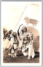 Native American RPPC Chief & Child Feather Headdress Painted Tipi c1920s picture