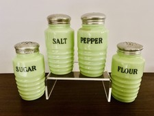 VTG  1930s Jeanette Jadeite Beehive Ribbed Shaker Set Salt Pepper Sugar Flour picture