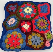 Vtg  Granny Square Crochet Throw Pillow Floral Multicolor Blue Grannycore 14x14” picture
