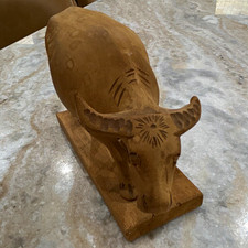 Hand-Carved Wooden Cow Figurine Sculpture Display Decor on Wooden Base see desc picture