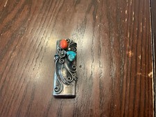 Vintage Sterling Silver Native American Turquoise Coral BIC lighter case cover  picture