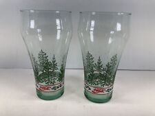 Pair Coca Cola Coke Christmas Trees Holly Trimmed Glass Tumblers Set 2 New picture