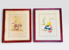 Vintage Mexican Folk Art Watercolor Paintings Pair Sombrero Burro Cactus Framed picture