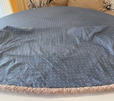 Vintage Tablecloth 95'' Round Blue Custom Made Lined 1'' Rolled Trim picture