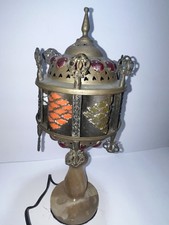 Vintage Middle Eastern Moroccan Lamp Alabaster Colored Jewels Inserts Brass Boho picture
