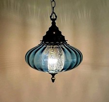 BLUE Vintage Glass Hanging Light Swag Lamp Retro Diffuser Saucer Mid Century  picture