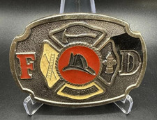 Firefighter FD Belt Buckle W/Black, Yellow, Red Enamel & Antique Brushed Silver picture