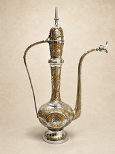 Vintage Indian Brass Ewer Aftaba Silver Tone Ornate Peacock Spout Pitcher picture