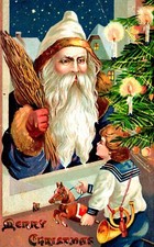 Blue & Gold Robe Santa Claus, Child, Tree,Toy Horse Embossed Christmas Postcard picture