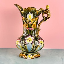 Antique Majolica Ewer Vase Green Floral Art Nouveau Handle picture