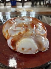 Vintage Large 12” Chinese Agate Craft Pig On Silver Inlay Wood stand picture