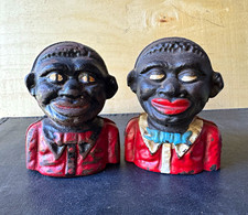 Vintage Pair Cast Iron Coin Banks Black & Red picture