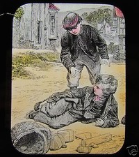 Glass Magic Lantern Slide EDWARDIAN BOY HELPING ANOTHER BOY C1910  picture