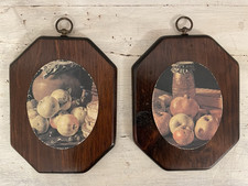 2 Vtg Dark Wood Plaques Still Life Prints Wall Hanging Rustic Farmhouse 1970’s picture