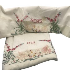 Vintage His Hers Swan Embroidered White Cotton Pillowcases Standard Size picture