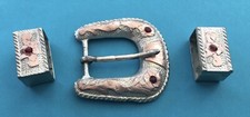 VINTAGE OLD WESTERN STERLING SILVER MEXICO RANGER BELT BUCKLE GEMS & KEEPERS SET picture