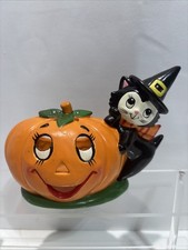 Vtg 1985 Geo Z Lefton Halloween Black Cat & Pumpkin Jack O Lantern Candle Holder picture