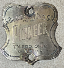 Vintage The Gendron Wheel Co. PIONEER Head Badge Tag Emblem Toledo, OH. picture
