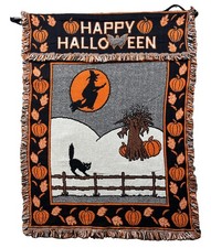 Vtg 90s HAPPY HALLOWEEN Tapestry Woven MWW Wall Hanging WITCH Moon Cat 1991 Rare picture