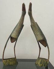 Pair Vintage Mid-Century Folk Art Painted Cow Horn Heron Sculptures 40cm picture