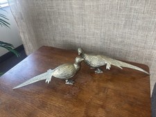 Vintage Pair Heavy Brass Pheasant Birds 12 13in Long MCM Regency Figurines picture