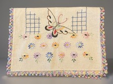VTG Hand Embroidered Table Runner Dresser Scarf Flax Linen Butterflies 17x52 picture