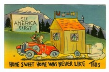 Vintage SEE AMERICA FIRST Home Sweet Home COMIC Linen Postcard Colourpicture picture