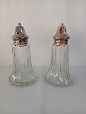 Vtg Mid-Century Japanese Fluted Glass Salt & Pepper Shakers Clear Heavy Glass picture