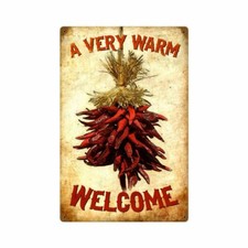 A VERY WARM WELCOME RED CHILIES PEPPER HEAVY DUTY USA MADE METAL HOME DECOR SIGN picture