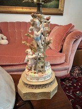 Pair Vintage Capodimonte Porcelain Cherub Lamps Figural Tree Ladder Angels picture