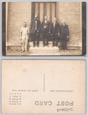 RPPC Indiana Men Group Portrait Brick Building Suits Overalls Early 1900s picture