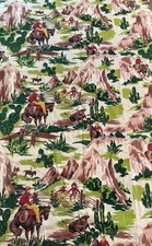 VTG 1950s Western Roundup Barkcloth Curtain Cowboys Horses Cactus  73