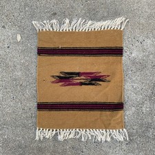 Vintage Chimayo Small Rug Wool Golden Brown + Burgundy picture