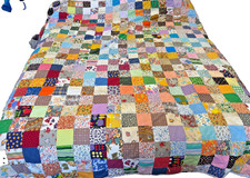 Bright Patchwork Squares Antique Square Full Size Quilt Hand Tied Completed picture