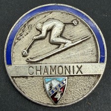 Vintage Chamonix Ski Resort Pin 1950s Downhill Skier Enamel Crest Alps Badge 1.5 picture