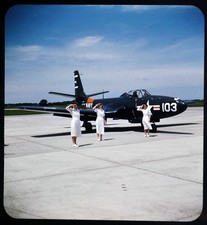 3 women saluting McDonnell FH-1 Phantom - 1950 Stereo Realist 3D slide #3473 picture