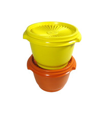 VTG 2 Tupperware orange and yellow Servalier storage containers w/lids #886 picture