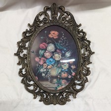 Vintage Brass Victorian Look Wall Frame With Floral Picture 13.5'' H picture