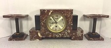 Vintage German Art Deco Clock Set Time Only Runs Marble Case & Garnitures picture