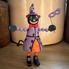 VTG Black Cat Witch Costume Wooden Halloween Ornament Masquerade Purple Dress 6 picture