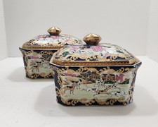 Rare Matching Pair of Vintage Chinese Export Porcelain Fox Hunting Lidded Boxes picture