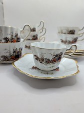 Royal Tara Ireland Stagecoach Bone China 14pc Set Cups Saucer Sugar Creamer Gold picture