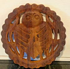 Vintage Hand Carved Wooden Owl Trivet Rustic Folk Art Wall Hanging Decor boho picture