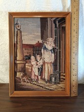 Vintage Needlepoint. Milkmaid Victorian Era Scene. Approximately 15
