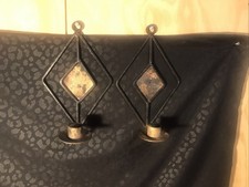 Vintage 1970s mid-century brutalist iron diamond wall candle sconces pair picture