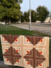 Antique Mid 19th c. Civil War Handmade Log Cabin Quilt Wonderful Brown Calicos picture