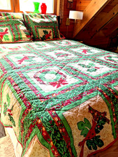 Vintage Domestications Christmas Quilt Queen Patchwork Cardinal Wreath Holiday picture
